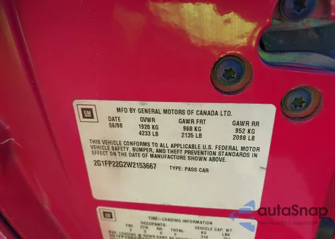 1998 Chevrolet Camaro Z28 из США, поврежденный, VIN 2G1FP22G2W2153667